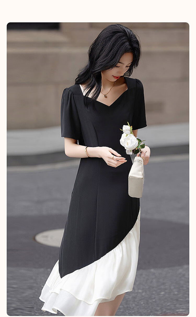 Dme [80D Random Mesh] Elegant Spliced Waist-Cinching Fish Tail Umbrella Skirt Short-Sleeve Contrasting Color Concealing Women's Dress 1