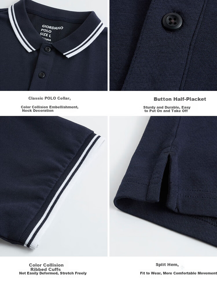 Giordano Men's Short-Sleeve Polo Shirt, Summer Black Technology Quick-Dry Contrasting Pique Fabric, Lightweight Collared Top 01014387 18