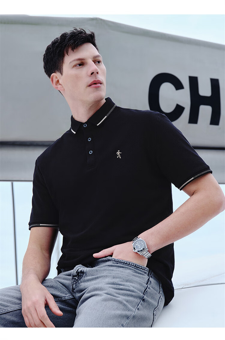 DANCING WOLVES [100% Pure Cotton] Commuter Collar Contrast Color Men's Short-Sleeve Polo Shirt, 803 White, Size 175 7