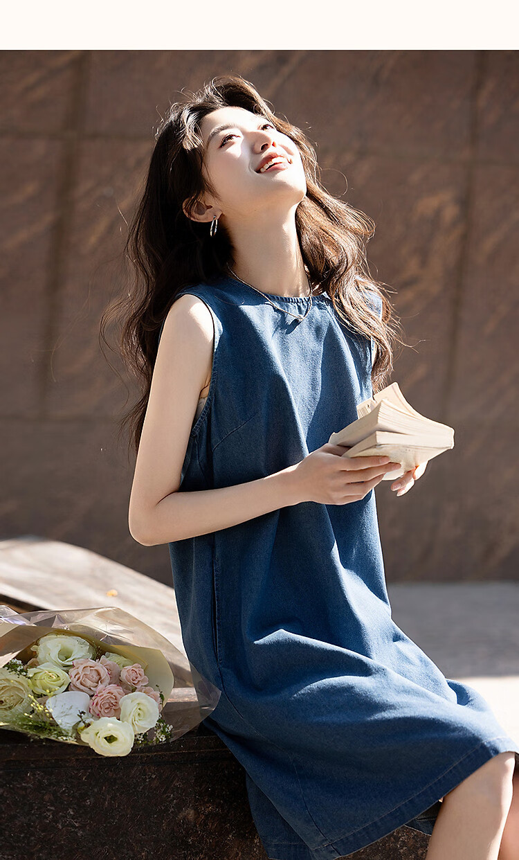 Dme [Pillowsuit] Summer Lightweight Breathable Cloud Cotton Loose Sleeveless Round Neck Comfortable Denim Women's Dress 8