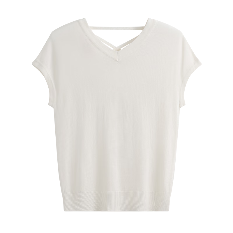 Taxiang Women's Short-Sleeve V-Neck Thin Summer Knit T-Shirt with Hollow Design at Back, Distinctive Top Blouse T52T078