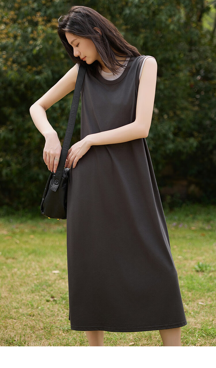 Dme Faux Two-Piece Powder White Contrasting Color Long Dress, Round Neck, Sleeveless, Versatile Knitted Long Dress 9