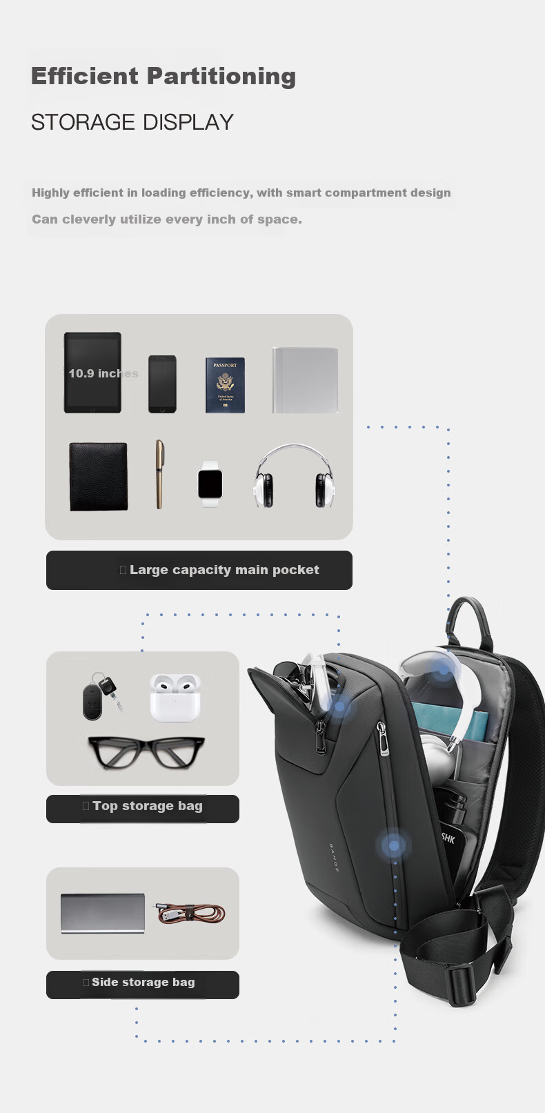 Bange Business Casual Chest Bag, Large Capacity Crossbody Bag, IPad Tablet Bag, Multifunctional Commuter Shoulder Bag for Men, 8031 Black 4