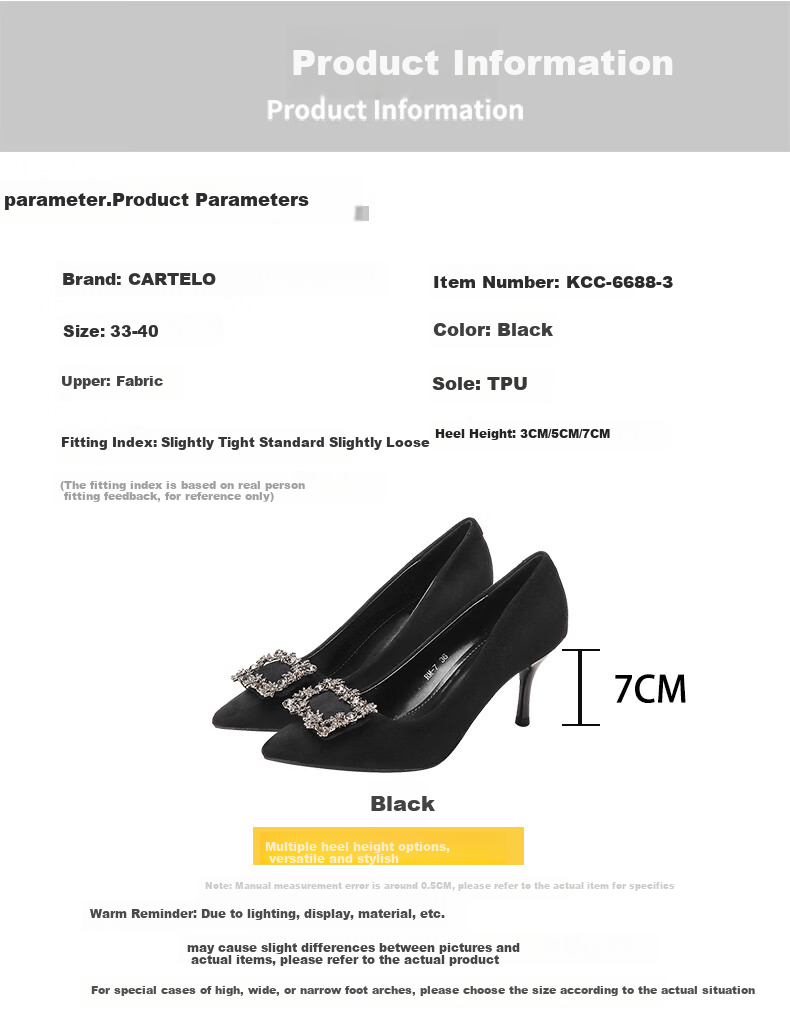 CARTELO Rhinestone Pointed Toe Pumps with Snowflake Buckle, KCC-6688 Black (3cm), Size 38 3