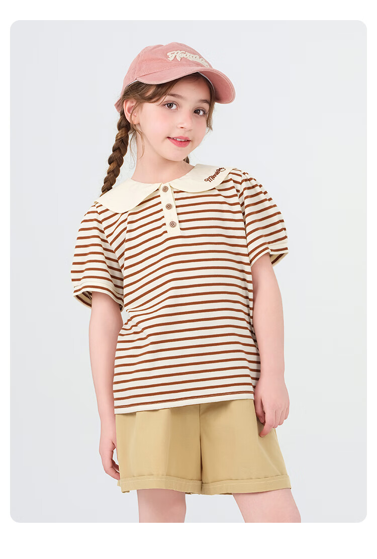 Disney Girls' Summer Set: Short-Sleeve T-Shirt And Shorts, Preppy Style Two-Piece Set with Peter Pan Collar T-Shirt, Khaki, Size 120 13