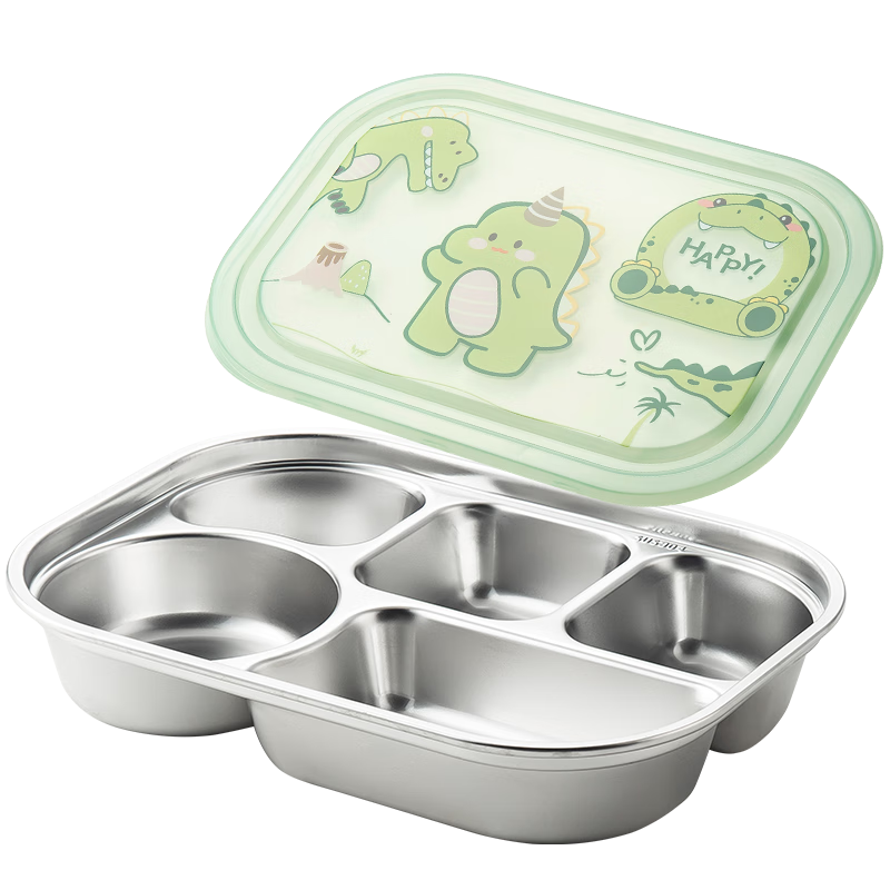 MAXCOOK 304 Stainless Steel Lunch Box Divided Tray Microwaveable Student Lunch Box 5-Compartment with Lid Green Dragon MCWA7381