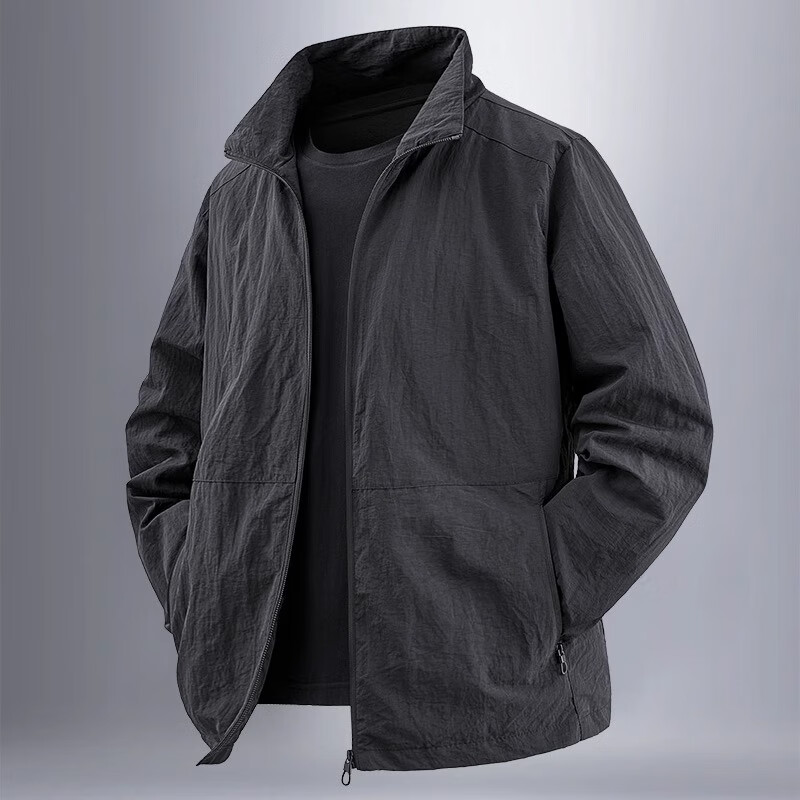 VANCAMEL Casual Jacket for Men, Autumn Outdoor Windproof And Waterproof Coat, Loose-Fitting Stand Collar Trendy Outerwear, Black, XL