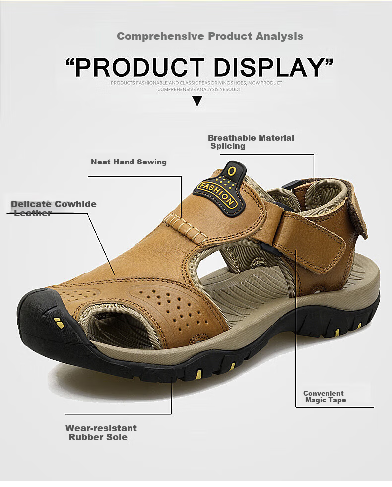 CARTELO Men's Sandals, Summer Roman-Style Closed-Toe Beach Shoes, Top-Grain Leather Perforated Shoes for Men, CS01, Khaki, Size 41 5