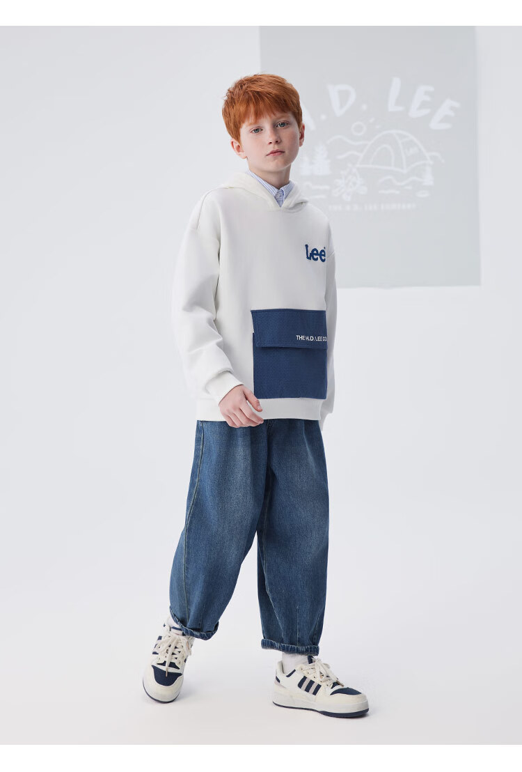 Lee Kids Children's Clothing, Color Block Faux Denim Print Retro Fashion Hoodie, Sky Blue, Size 140 7