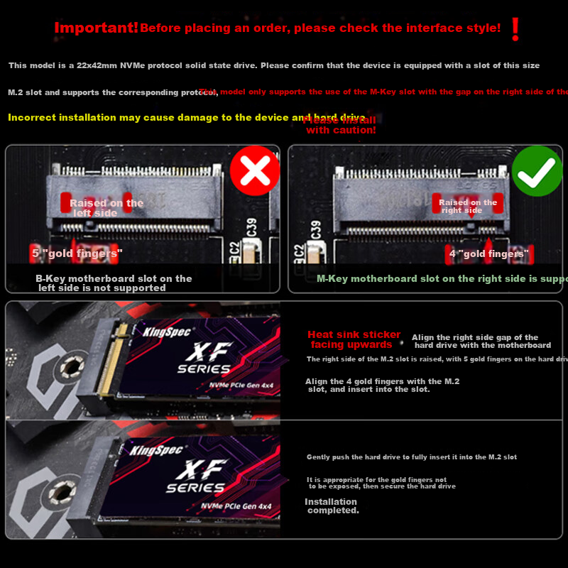 KingSpec 1TB SSD NVMe 2242 M.2 Interface, Selected TLC NAND, PCIe 4.0, Read Speed 4800MB/s, AI PC Storage Accessory