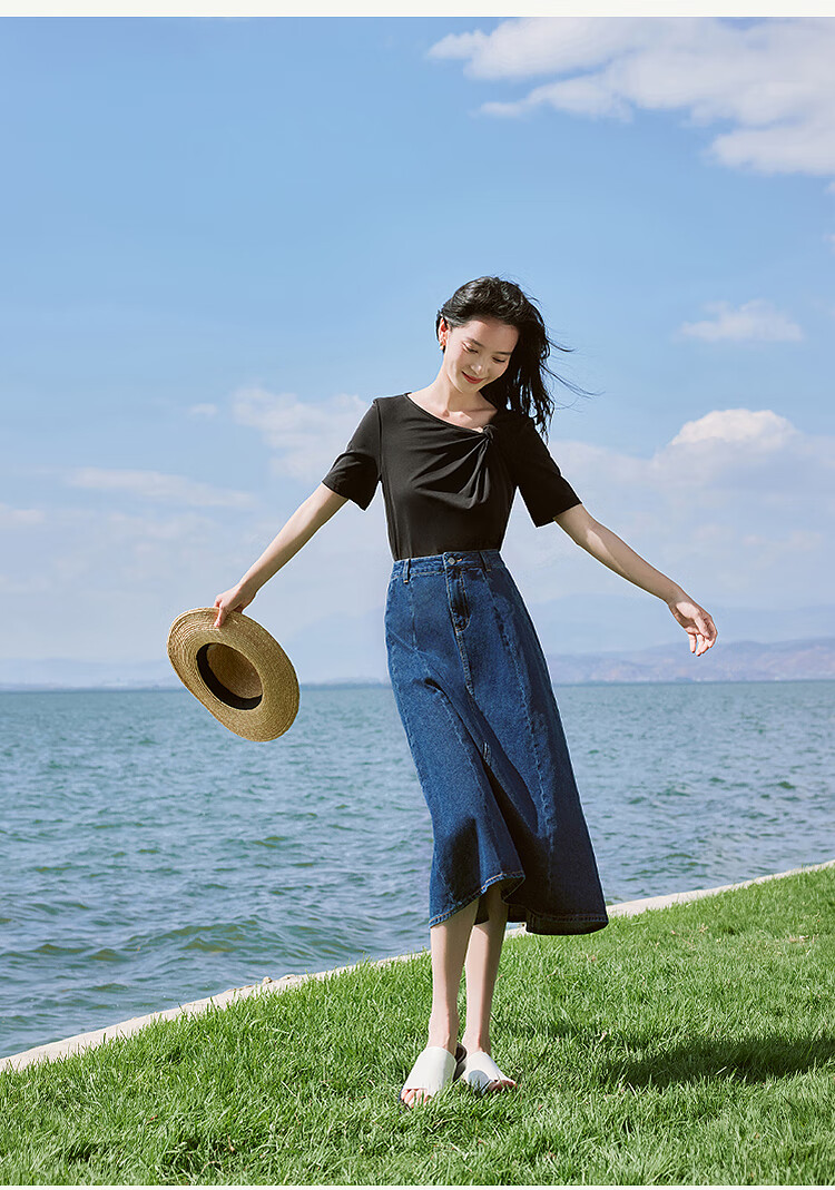 Inman French Style Denim Half Skirt for Women Summer Retro Mid-High Waist Premium A-Line Skirt Light Denim L 13