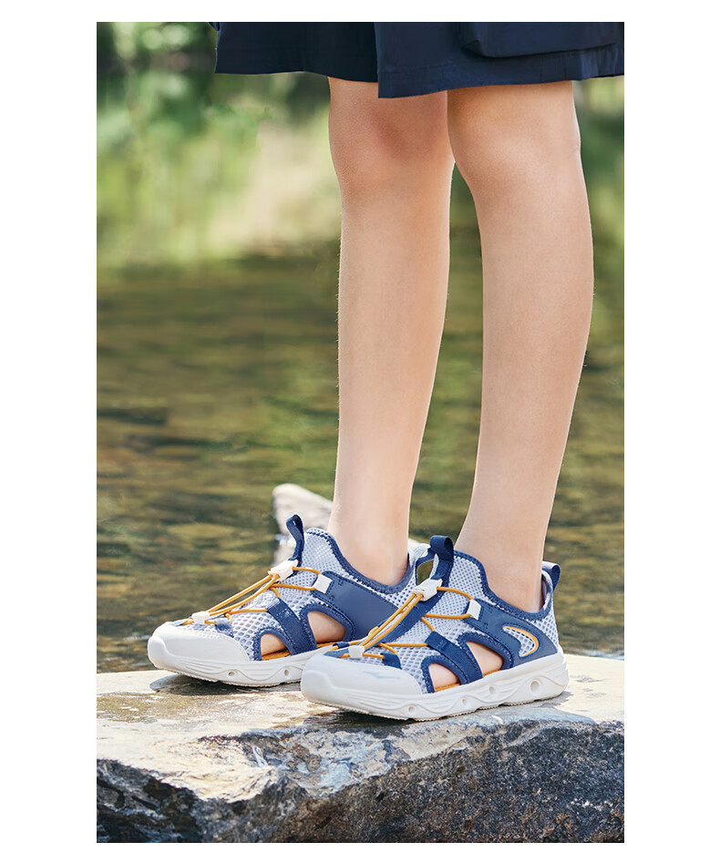 ERKE Children's Shoes, Boys' Casual Shoes, Kids' Drawstring Sandals, Beach Sandals, Sky Blue/ink Blue, Size 30 27
