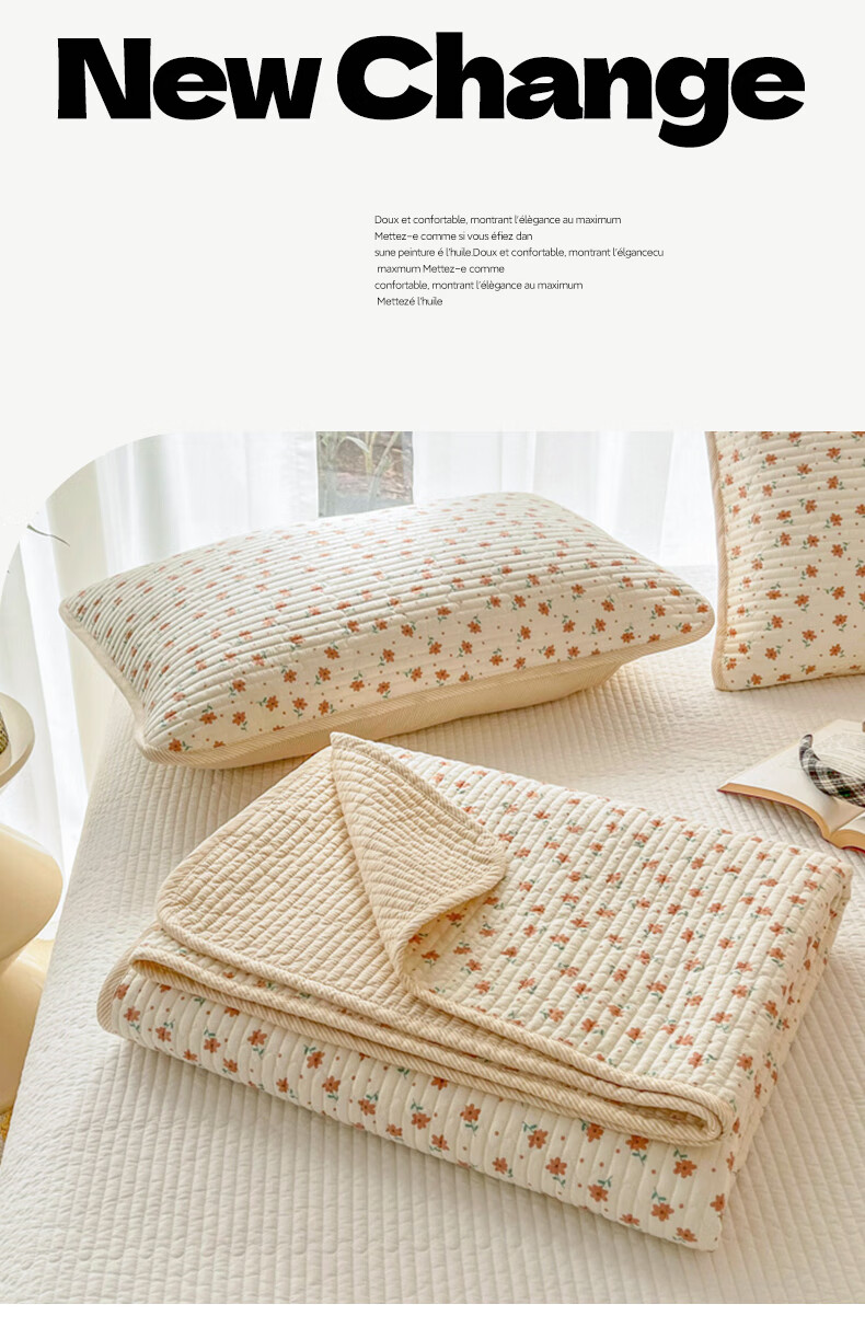 Wuyinliangpin Class A Double-Sided Pure Cotton Bed Sheet, Quilted Double Bed Cover, Bedspread Three-Piece Set, Bed Sheet 200*230cm, Floral Patter 1