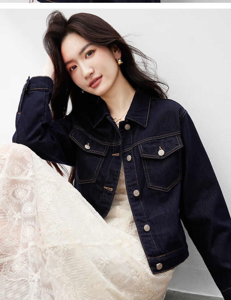 Sentubila Casual Denim Jacket for Women, Spring Season, Petite, Long-Sleeved, Loose-Fitting Outerwear, Slim-Fit Top, Navy Blue, M 22