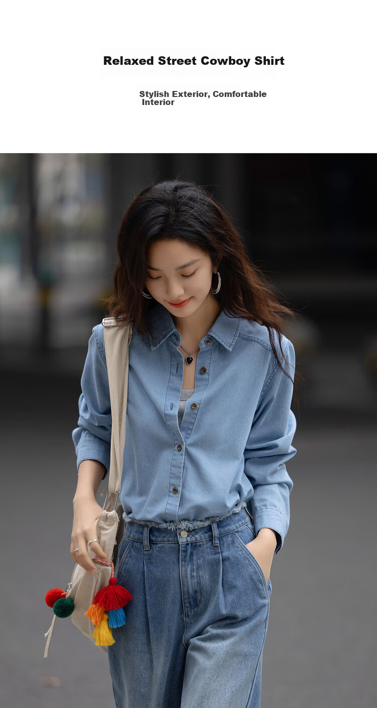 Dme [Zhinai Daning] Spring Simple Lapel Patchwork Shirt, Comfortable Concealing, Stylish Denim Blouse, Women's Top 3