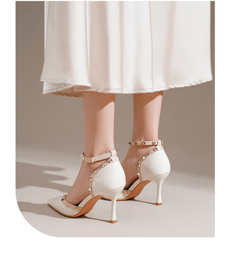 ZHR Rivet High Heels for Women, Elegant Pointed Toe, Socialite Style, Thin Heel Pumps, Sexy Closed-Toe Sandals for Women, IE02, Nude Pink, Size 34 31