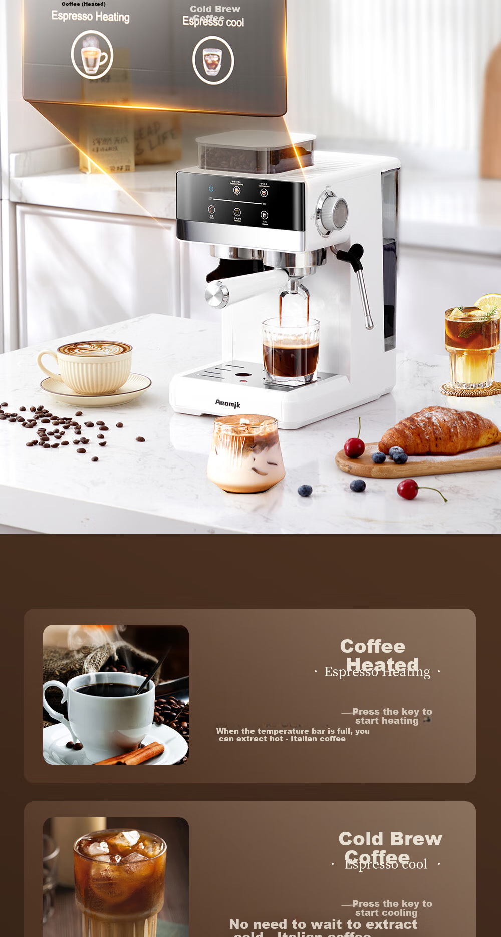 AEOMJK Aimo Ke Cold Brew Coffee Machine with Built-In Grinder, Semi-Automatic, Home Italian-Style Cold Brew, 2-Minute Milk Frother Coffee Maker CM5520 4