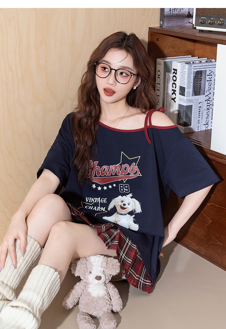 Tangshi 2025 Summer Women's American Style Color-Block One-Shoulder Printed Short Sleeve T-Shirt 10