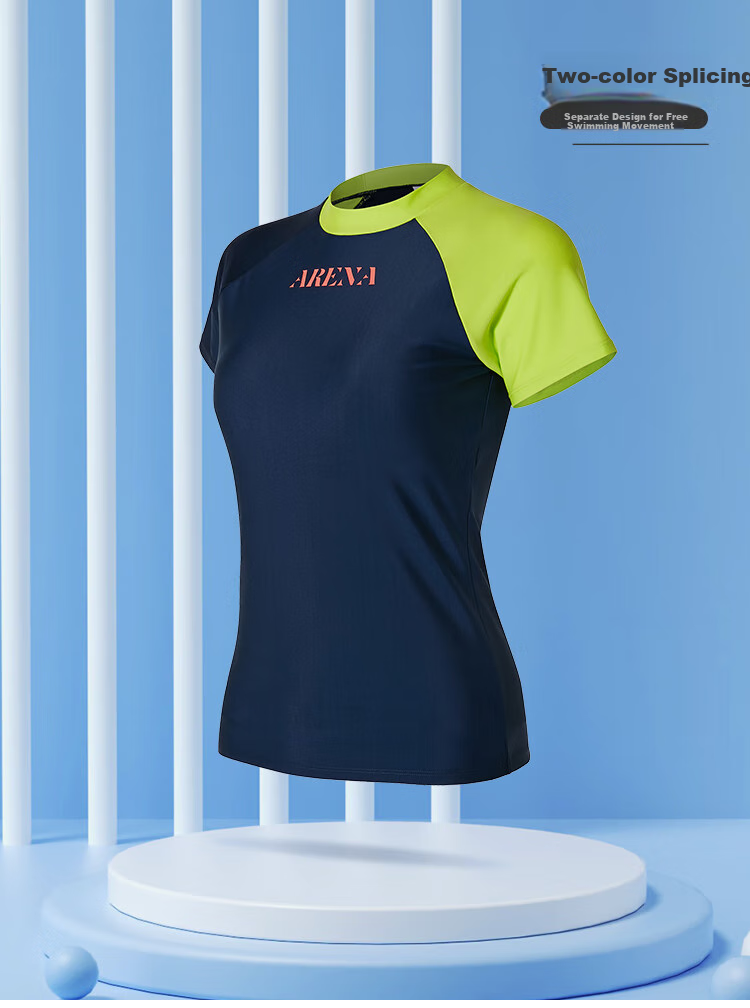 Arena Women's Short-Sleeve Swimsuit Top, Sun Protection, Chlorine-Resistant, Slimming, Comfortable, High-Elasticity, Fashionable, Minimalist, for Fitness, Swimming, Hot Springs 1