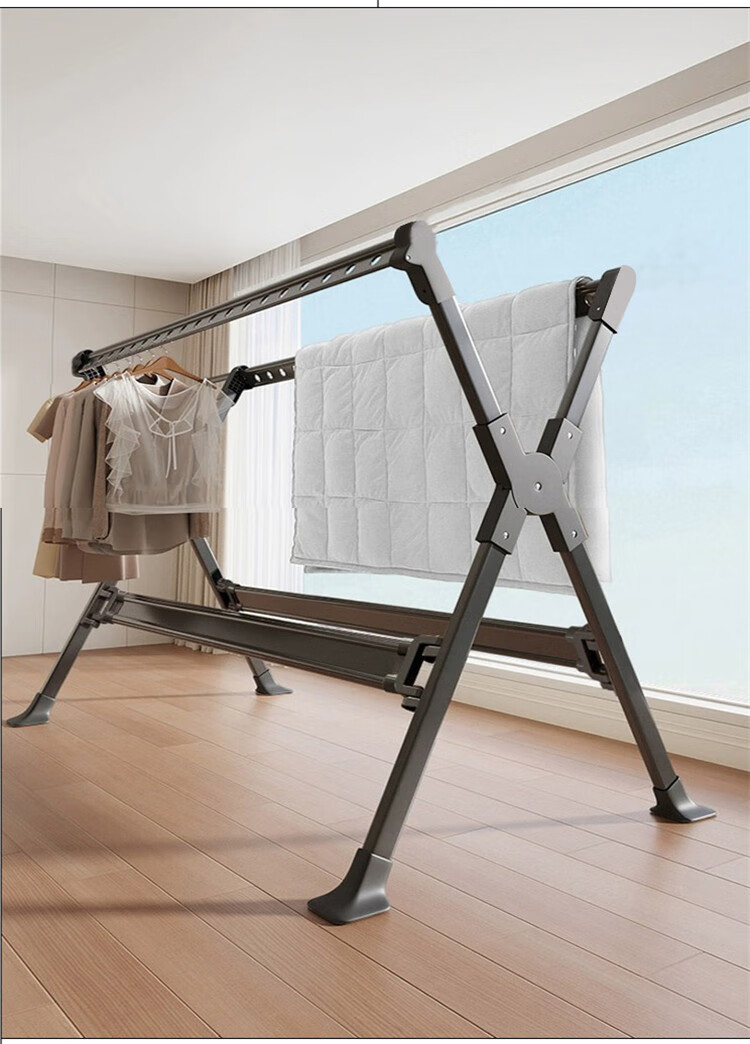 Baoyouni Folding Clothes Drying Rack, Floor-Standing Household Hanger for Clothes And Quilts, Balcony Drying Rod, Aluminum Alloy with Wind-Resistant Foot Pads 2