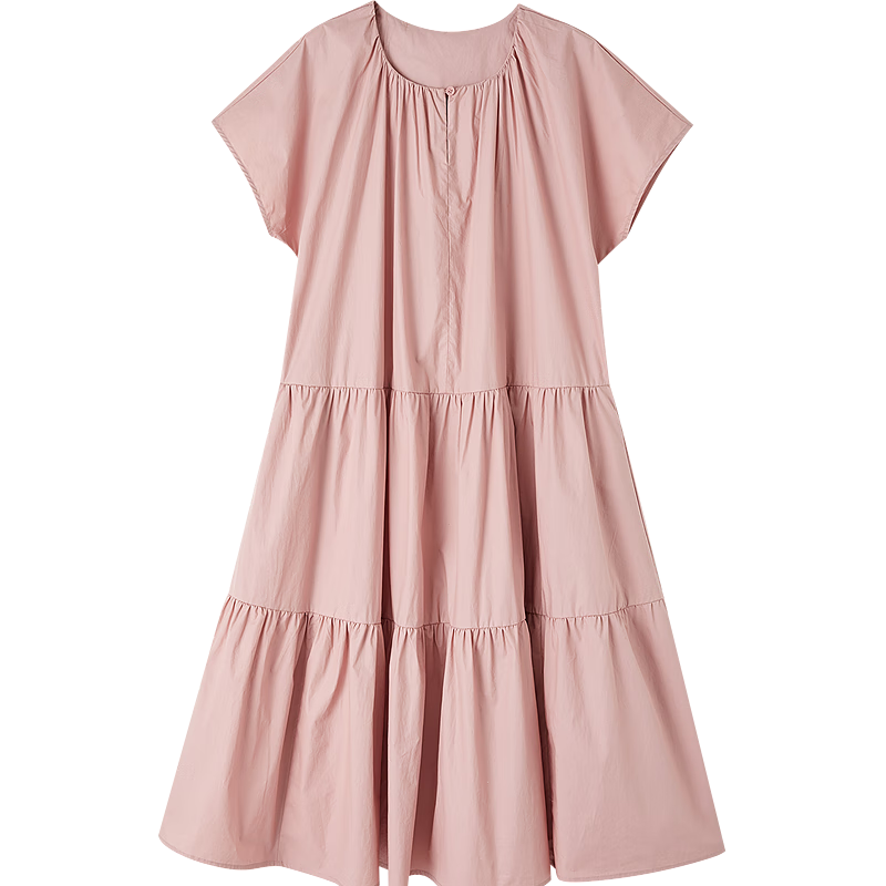 Demana Soft Mist Morandi Summer French Style Pure Cotton Round Neck Design Split Loose Waist Short Sleeve Women's Dress