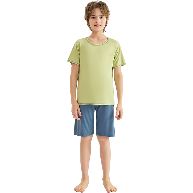 LangSha Children's Pajamas for Boys, Summer Thin Breathable Short-Sleeve Loungewear Set, Suitable for Older Children, Green, Size 130