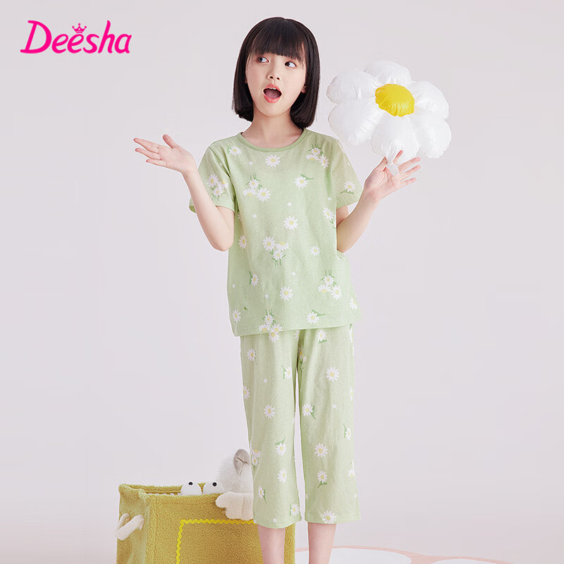 DEESHA Girls' Pajamas, Spring And Summer Thin Mesh Breathable Antibacterial Pure Cotton Air Conditioning Wear, Home Wear Set for Older Childre