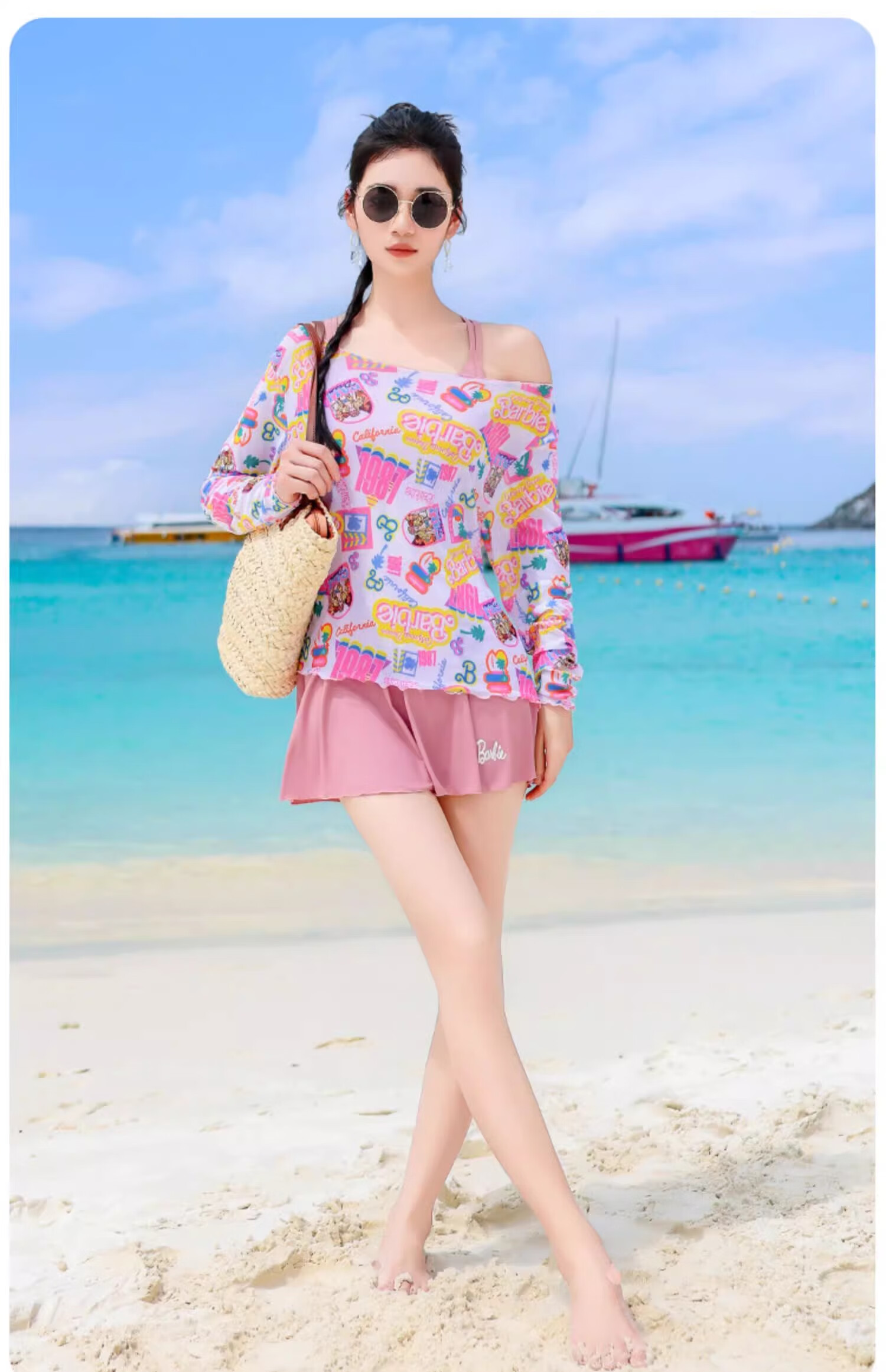 Barbie Women's Two-Piece Beach Vacation Swimwear Set, Long-Sleeve Cover-Up, Slimming Swimwear for Hot Springs Resort 14