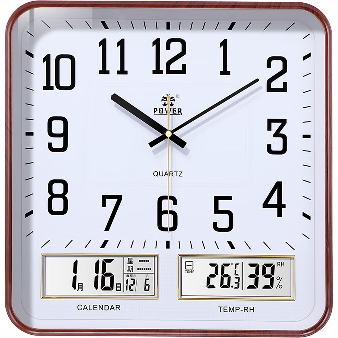 POWER Bawang Wall Clock Living Room Perpetual Calendar Temperature Clock Square Calendar Wall Clock 37cm Wood Grain Color