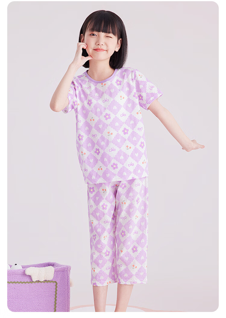 DEESHA Girls' Pajamas, Spring And Summer Thin Mesh Breathable Antibacterial Pure Cotton Air Conditioning Wear, for Older Children's Home Wear Set 5