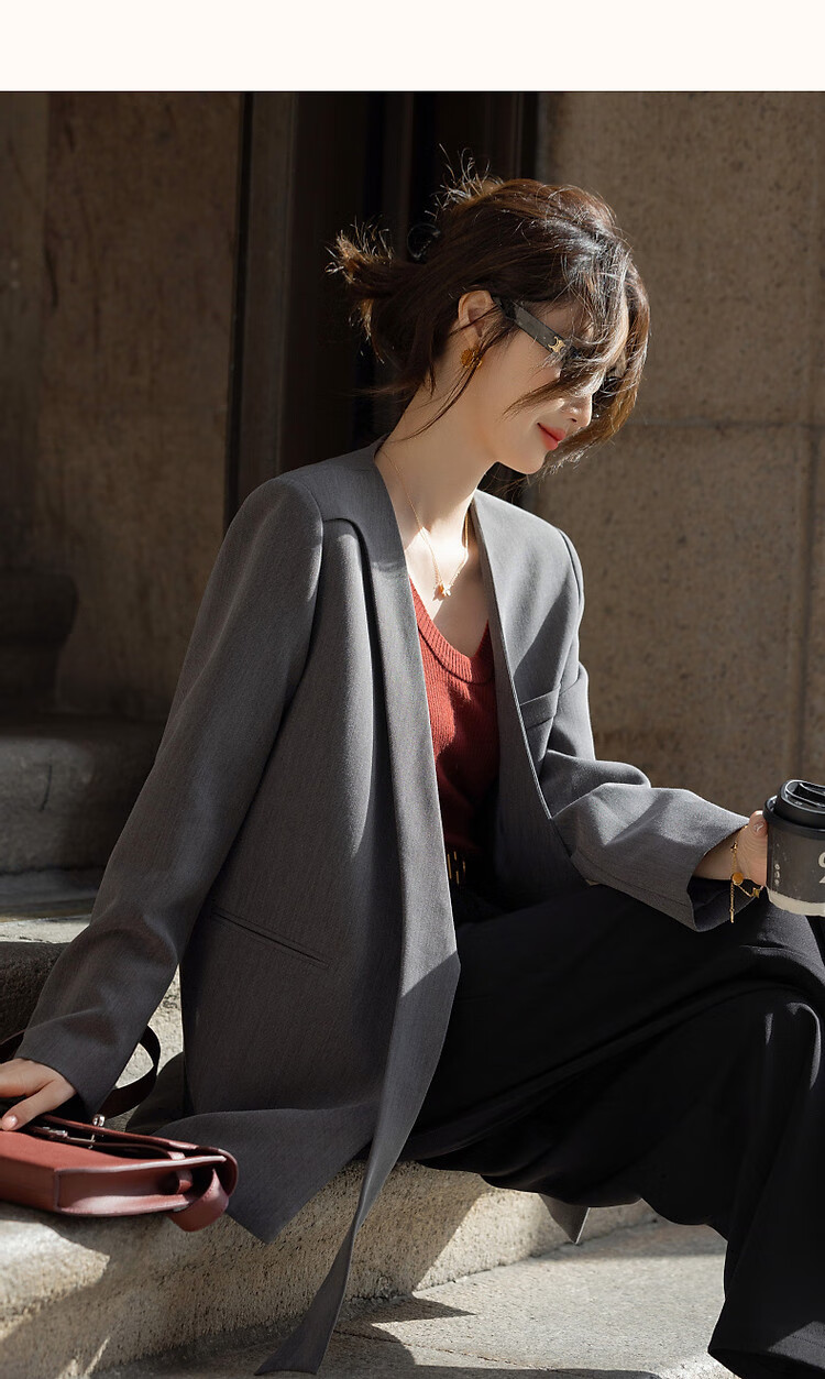 Dme [Jingshuo Tongkun] Spring And Autumn Stylish Lapelless Asymmetric Turn-Down Blazer, Simple Slim-Fit Short Suit Jacket for Wome 13