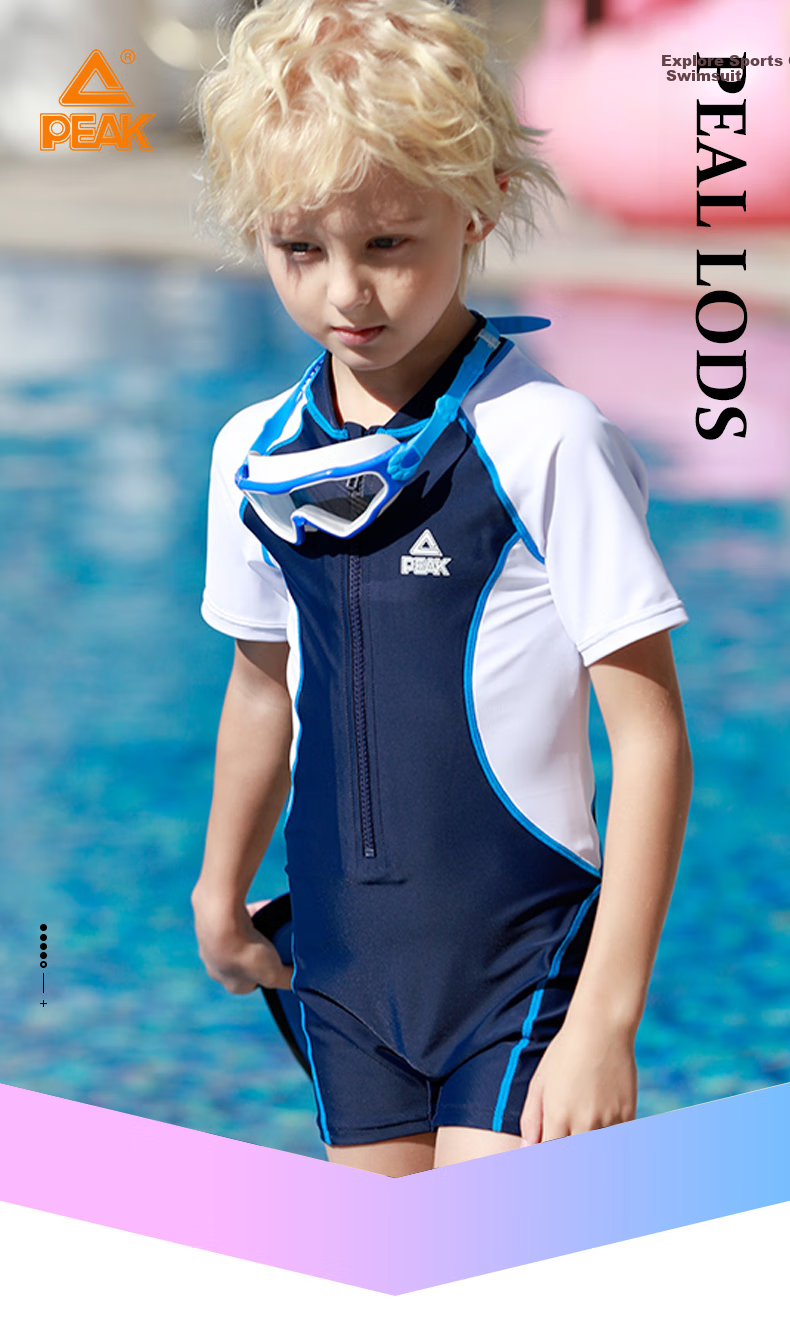 PEAK Children's Swimsuit, Boys' Student Swimwear, Baby And Older Children's One-Piece Swim Trunks, Boys' Short-Sleeve Surfing Suit Set YS11131 Blue And White 120 1
