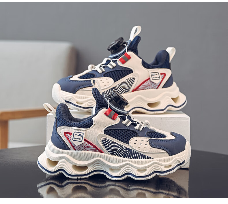 Warrior Children's Shoes, Boys' Sports Shoes, Spring And Autumn Style, Mesh Breathable Running Shoes WZ(CL)-1221, Navy Blue/beige, Size 33 3