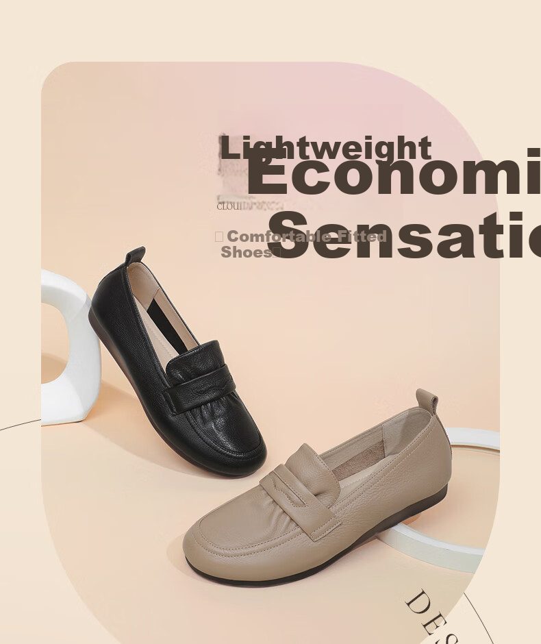 Goldlion Women's Shoes, Soft Leather And Sole, Mom Flats, Deep-Mouth Slip-On Loafers, G638310038, Apricot Color, Size 37 1