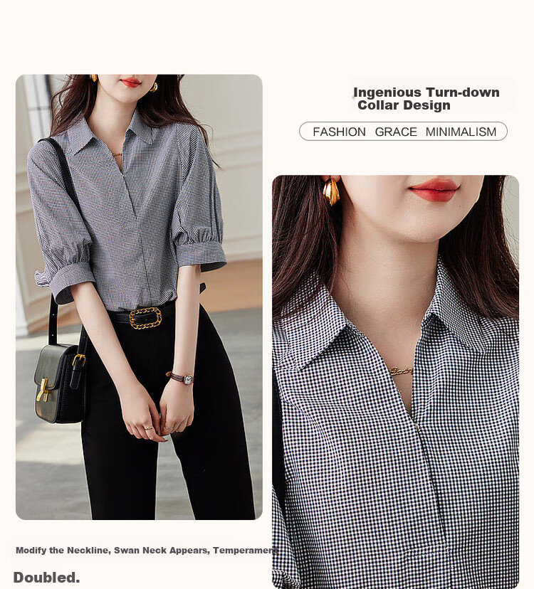 Dme [Furei Lian Ge] Summer V-Neck Shirt with Collar, Vintage Plaid Comfortable Slimming Blouse Women's Top 5