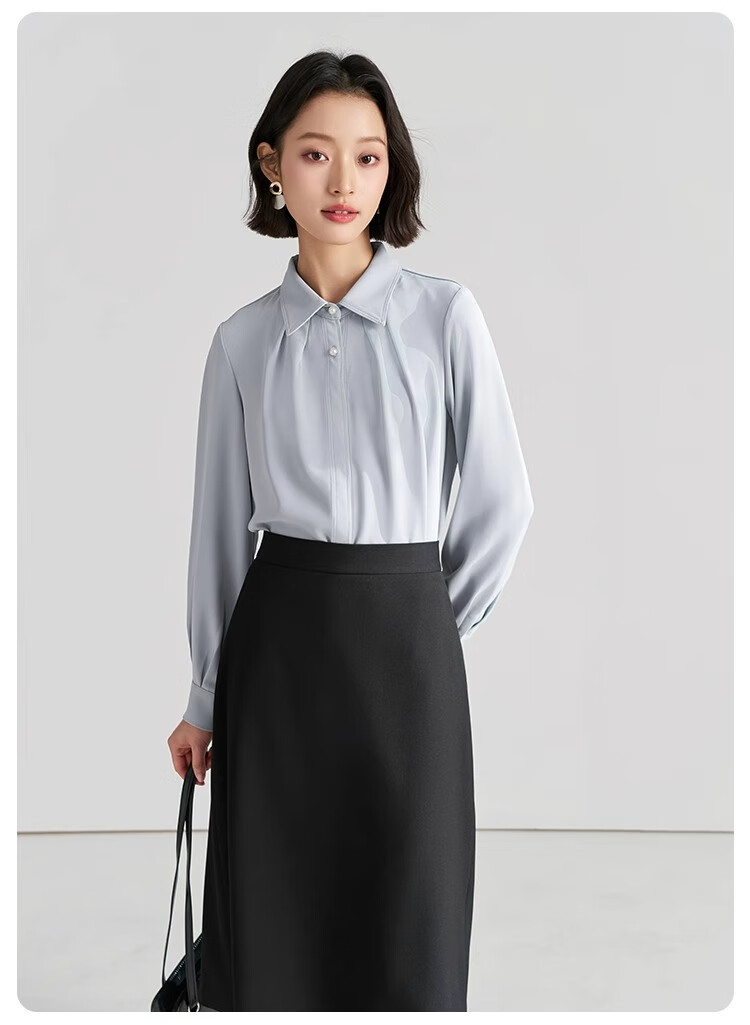 Bodexiaojie White Blouse for Women, Professional Commute Straight Shoulder Top, Petite Elegant Outfit, Formal Shirt 20