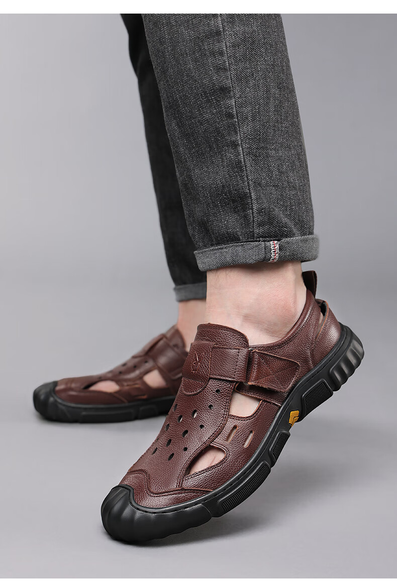 Playboy Men's First Layer Cowhide Hollowed Out Sandals Open Toe Genuine Leather Business Middle-aged and Elderly Dad Sandals Black Size 42 13