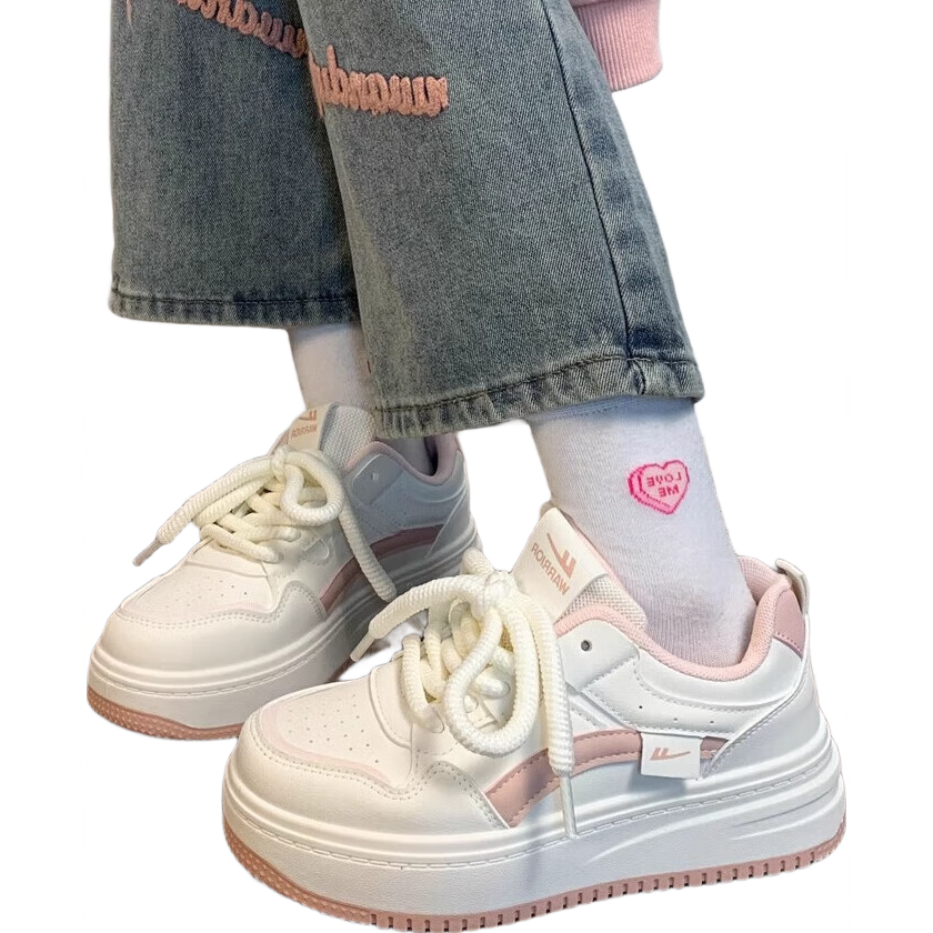 Warrior Women's Shoes, Autumn New Style Sneakers, Trendy Versatile Thick-Soled White Shoes for Women J576Z, Beige/pink, Size 38