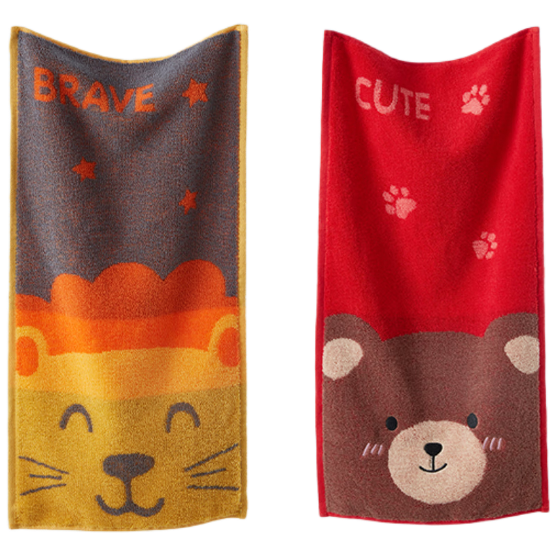 Grace Pure Cotton Children's Towel, Face Washing Baby, Awakening Forest Home Cartoon Animal Face Towel for Sports, Yellow + Red