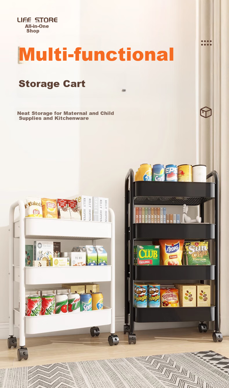 Quanpinwu Small Cart Storage Rack, Movable Floor-Standing Organizer, Household Snack Kitchen Multi-Layer Carbon Steel Wheeled Shelf, Sibai 2