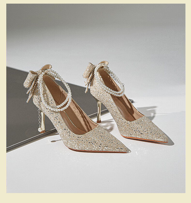 ZHR High Heels for Women, Fairy Crystal Wedding Shoes, Pearl Pointed Toe Shoes, Thin Heel Shallow Mouth Pumps, Suitable for Dresses, IE01 Silver Color, Size 39 20