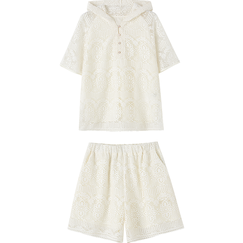 Demana Lace No-Fail Summer Hooded Lace Ribbon Top and Hollow Jacquard Pants Women's Two-Piece Set