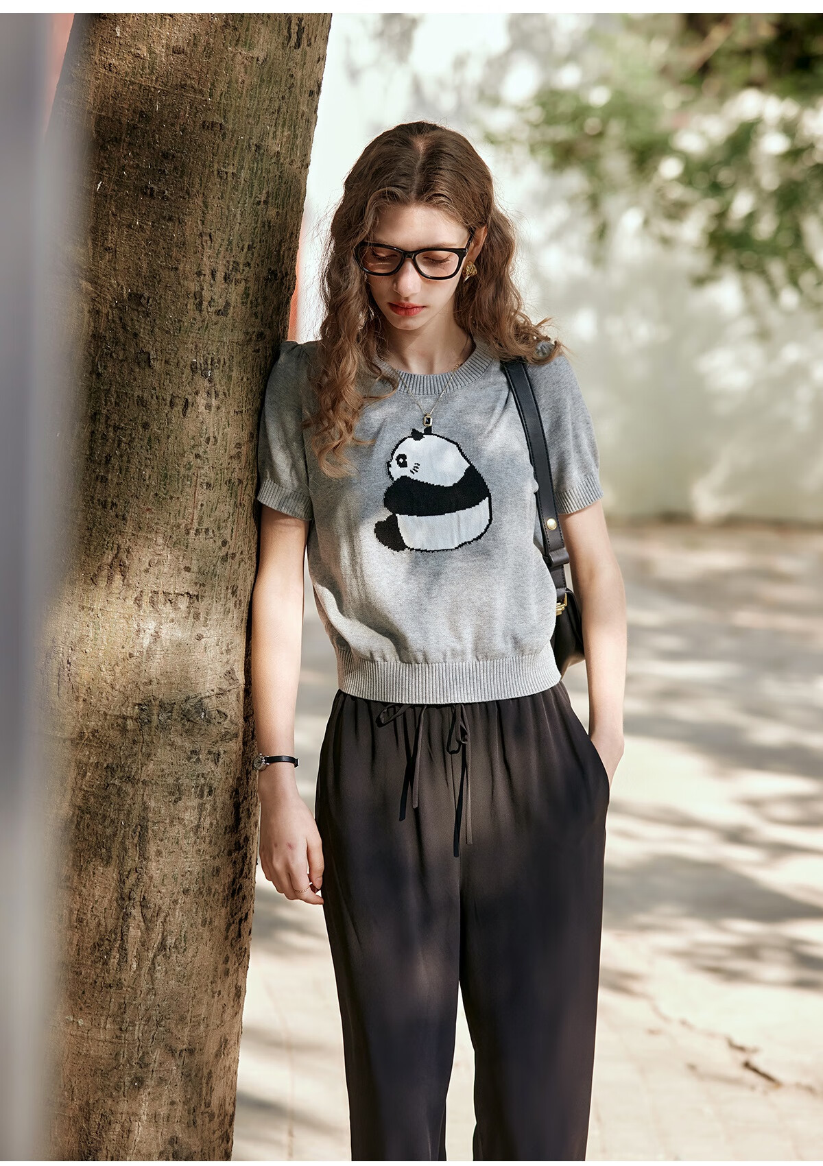 Oulain Elegant Short-Sleeve Knit Top for Women, Spring And Summer Fun Panda Pullover Sweater, Light Gray, L 24