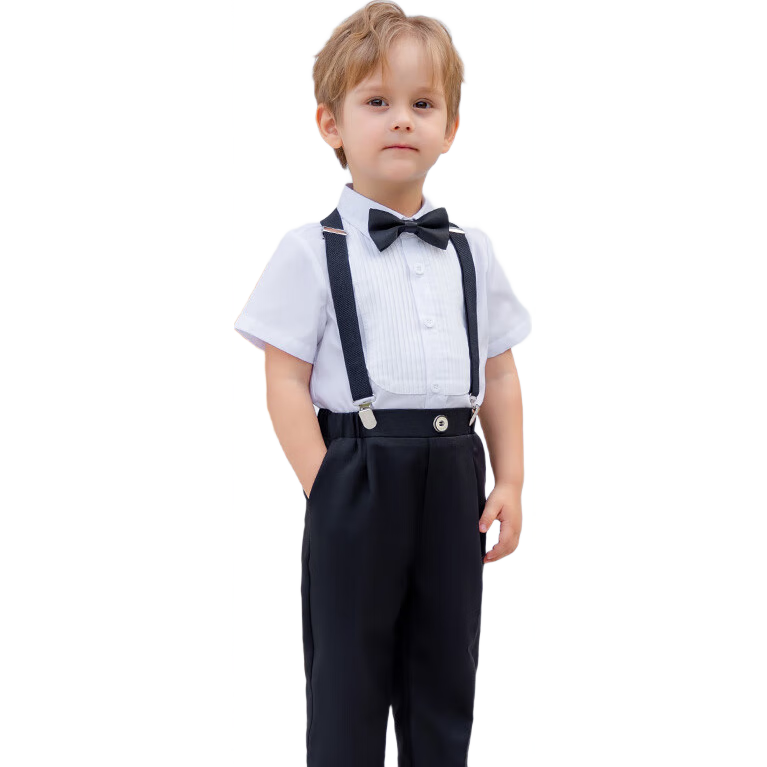 LUOBOBEIBEI Children's Suspender Pants Set, Summer Style, Boys' Formal Wear for Hosts And Choruses, New Year's Outfit, Black Four-Piece Set, Size 140