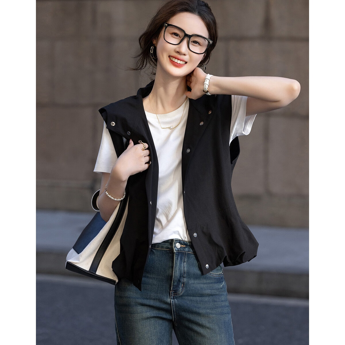 Dme [Minimalist Return] Autumn Simple Style Commuter Hooded Sleeveless Four-Button Casual Jacket Women's Outerwear