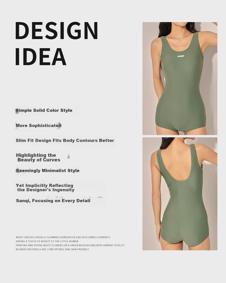 Sanqi One-Piece Swimsuit for Women, Square Leg Design, Slimming Effect, Plus Size Swimwear, Professional Training Competitive Gray Color, Size L 2