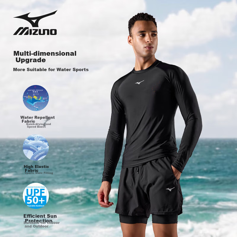 MIZUNO Men's Swimwear Set with Anti-Embarrassment Beach Shorts, Quick-Dry Large Size Long-Sleeve Hot Spring Swimming Gear 1105 Black 3XL