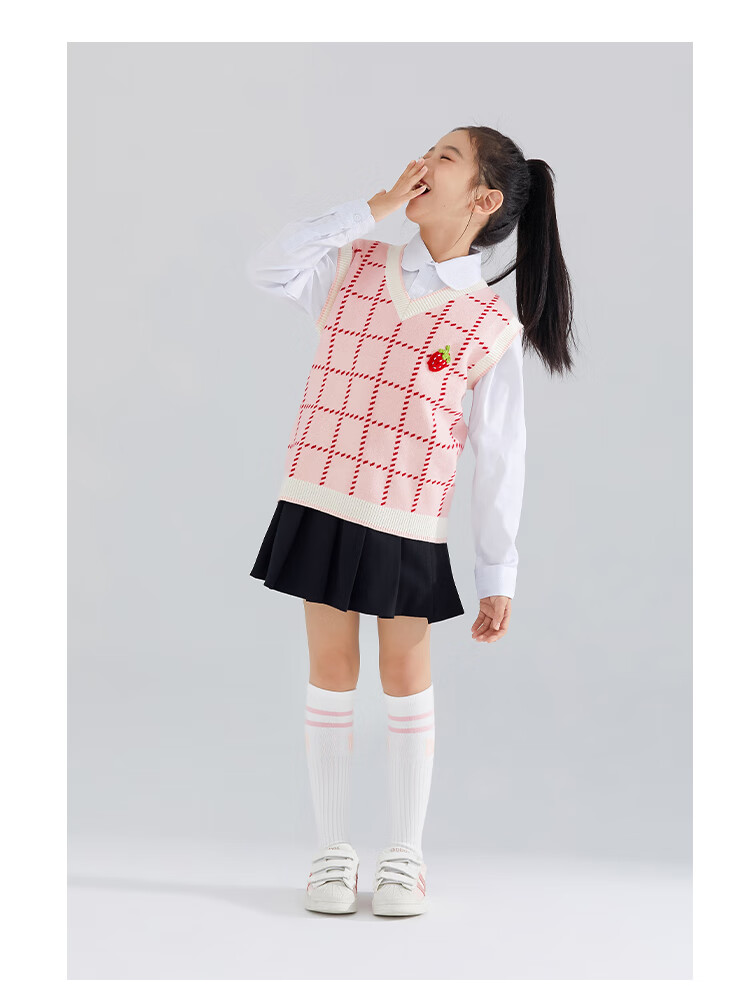 QQ DUCK Children's Clothing, Girls' Sweater Vest, Big Kids' Waistcoat, Knitted Sweater, Strawberry Plaid, Pink; 120 9