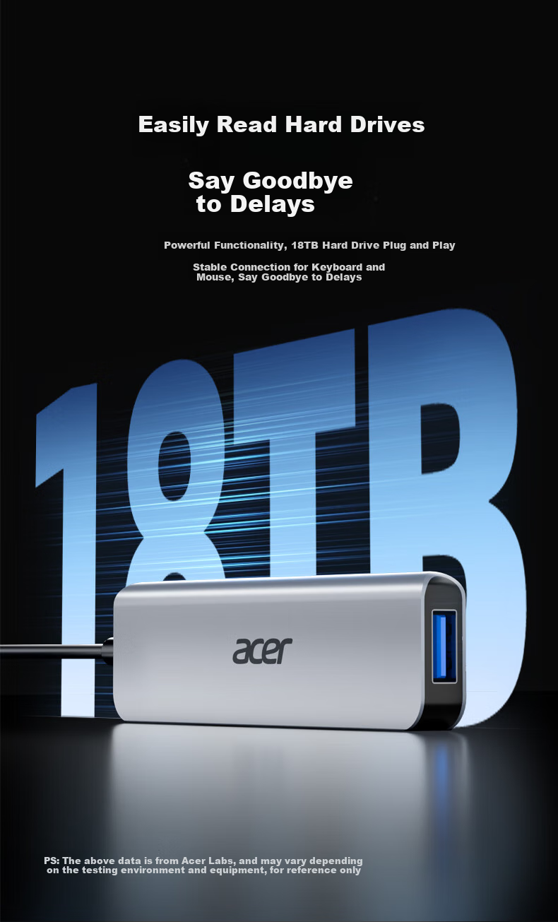Acer USB3.0 Hub Expansion Dock, High-Speed 4-Port Hub Adapter for Laptops, Multi-Port Converter, Extension Cable with Type-C Power Supply 4