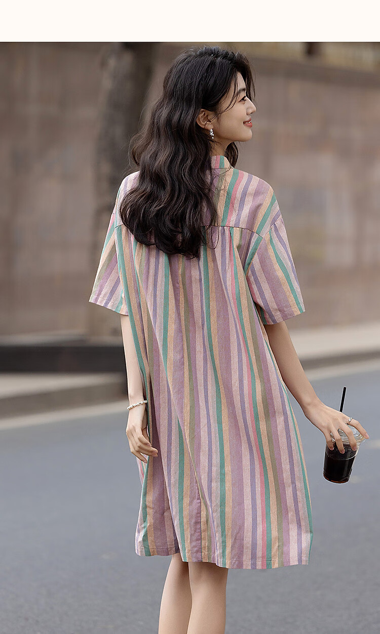 Dme [Healing Class Style] Summer Short Stand-Collar Cotton Lyocell Blend Short-Sleeve Loose Waist Mid-Length Women's Dress 8